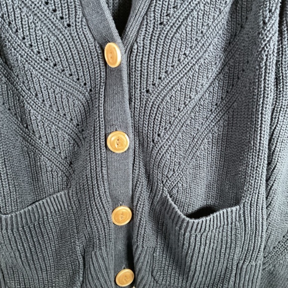 LL Bean Linen Cotton Button Up Cardigan Sweater Size L Pockets Navy GrandmaCore - Picture 2 of 8